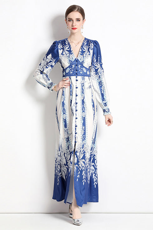 Graceful Autumn V-Neck, Long Sleeve, High Waist Elegant Vintage Party, Wedding Guest, Festive Maxi Dress